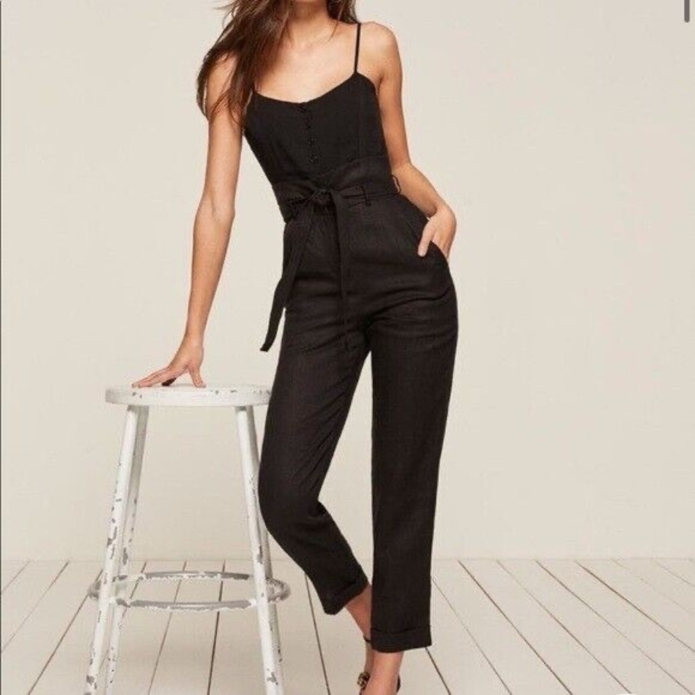 Reformation Sz 4 Fulton Black Linen Tapered Leg Minimalist Jumpsuit